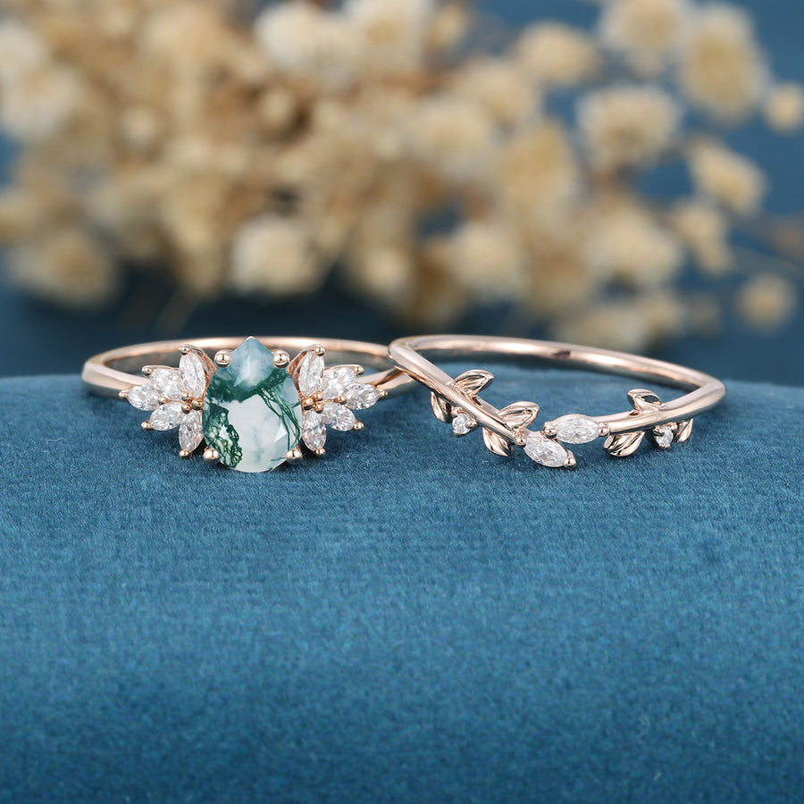 Nature Inspired Pear cut Moss Agate Leaf Gold Ring set