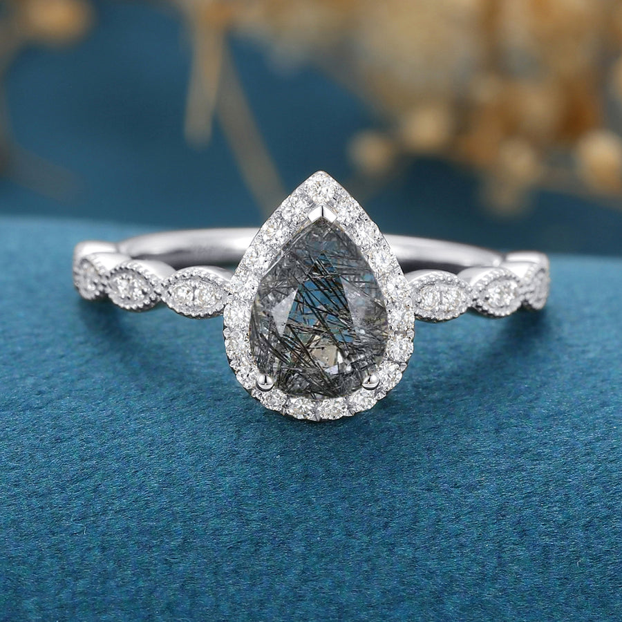 Pear Black Rutilated Quartz Halo Diamond Half Eternity Engagement ring