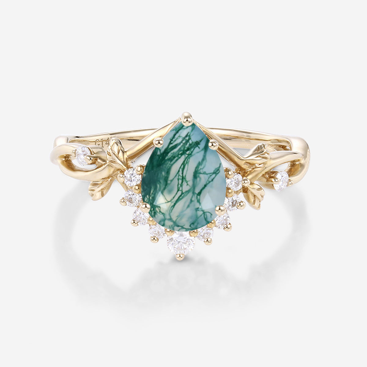 Nature Inspired Pear cut Moss Agate Leaf Gold Engagement Ring