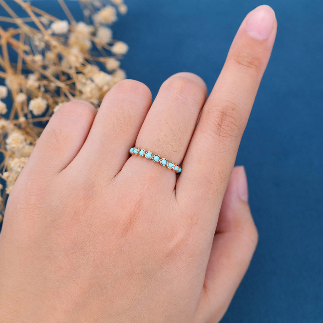 Bezel setting Round cut Turquoise Full Eternity Gold Wedding Band