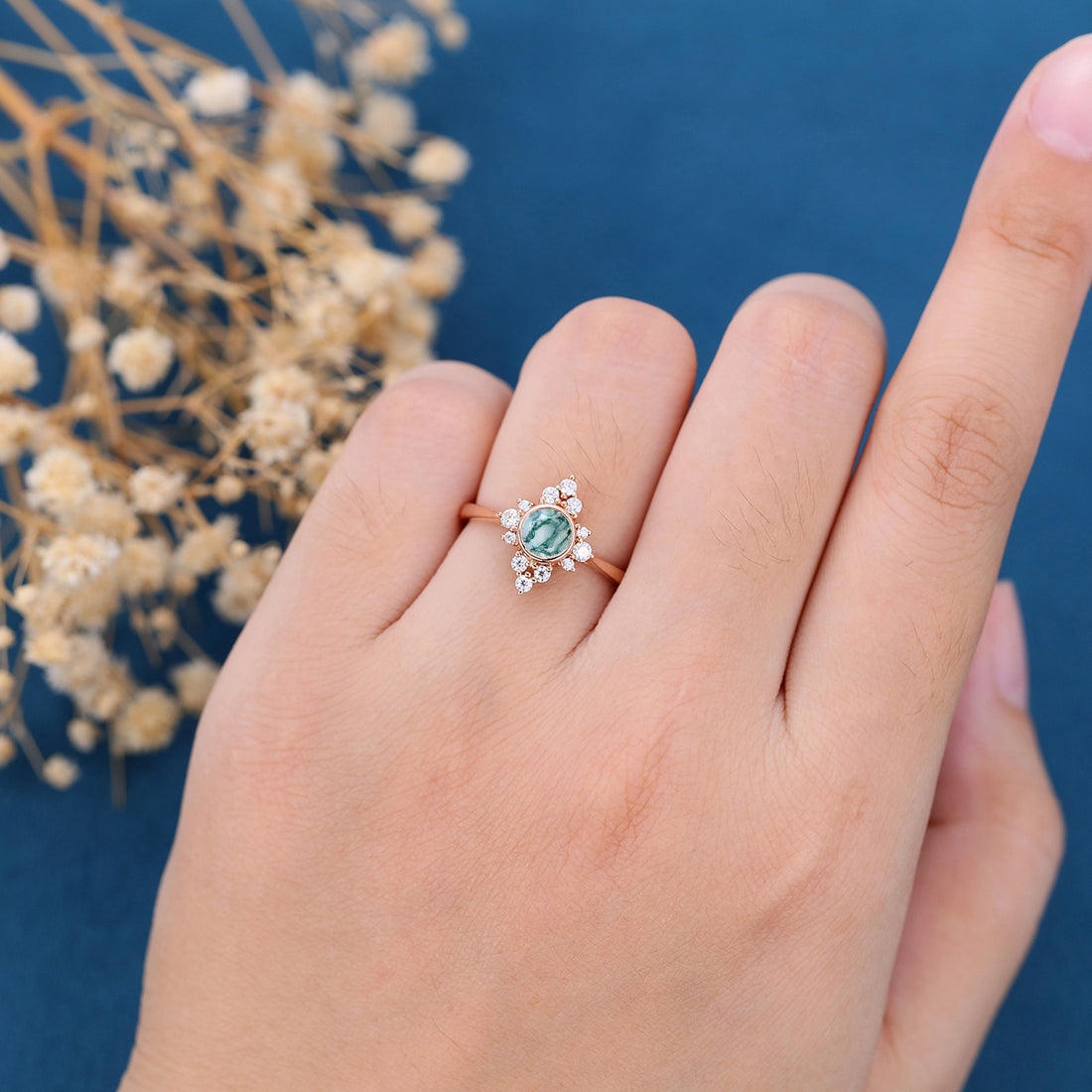 Bezel setting Round cut Moss Agate Halo inlaid Gold Engagement Ring