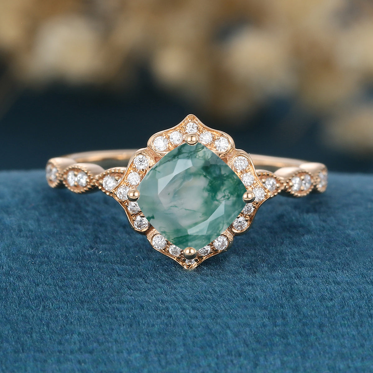 Round cut Moss Agate Matching Mossanite | Diamonds Gold Engagement Ring (Copy)