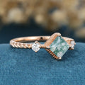 Bezel setting Princess cut Moss Agate Matching Mossanite | Diamonds Gold Engagement Ring