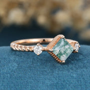 Bezel setting Princess cut Moss Agate Matching Mossanite | Diamonds Gold Engagement Ring