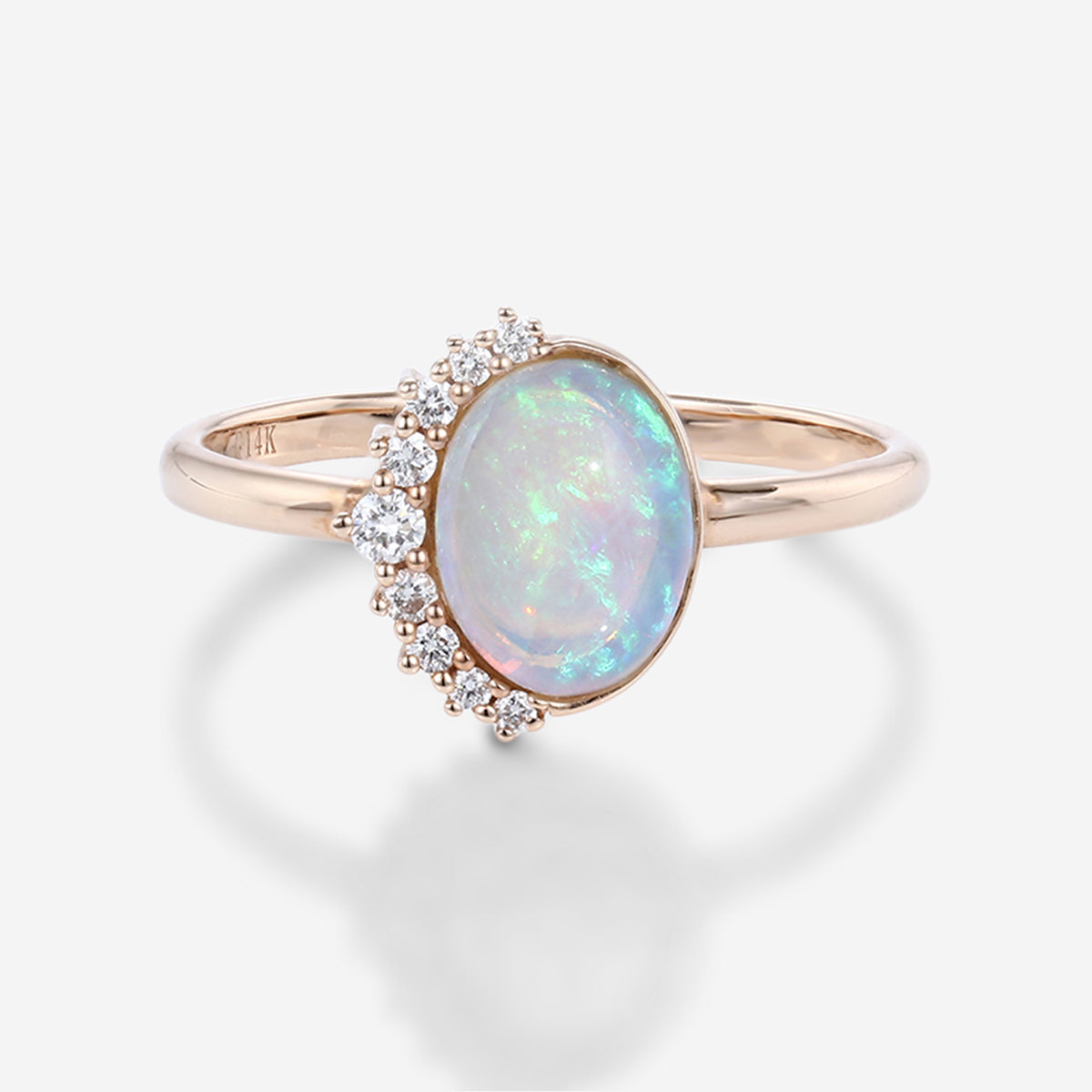 Bezel setting Oval cut Opal Halo Moissanite | Diamonds Gold Engagement Ring