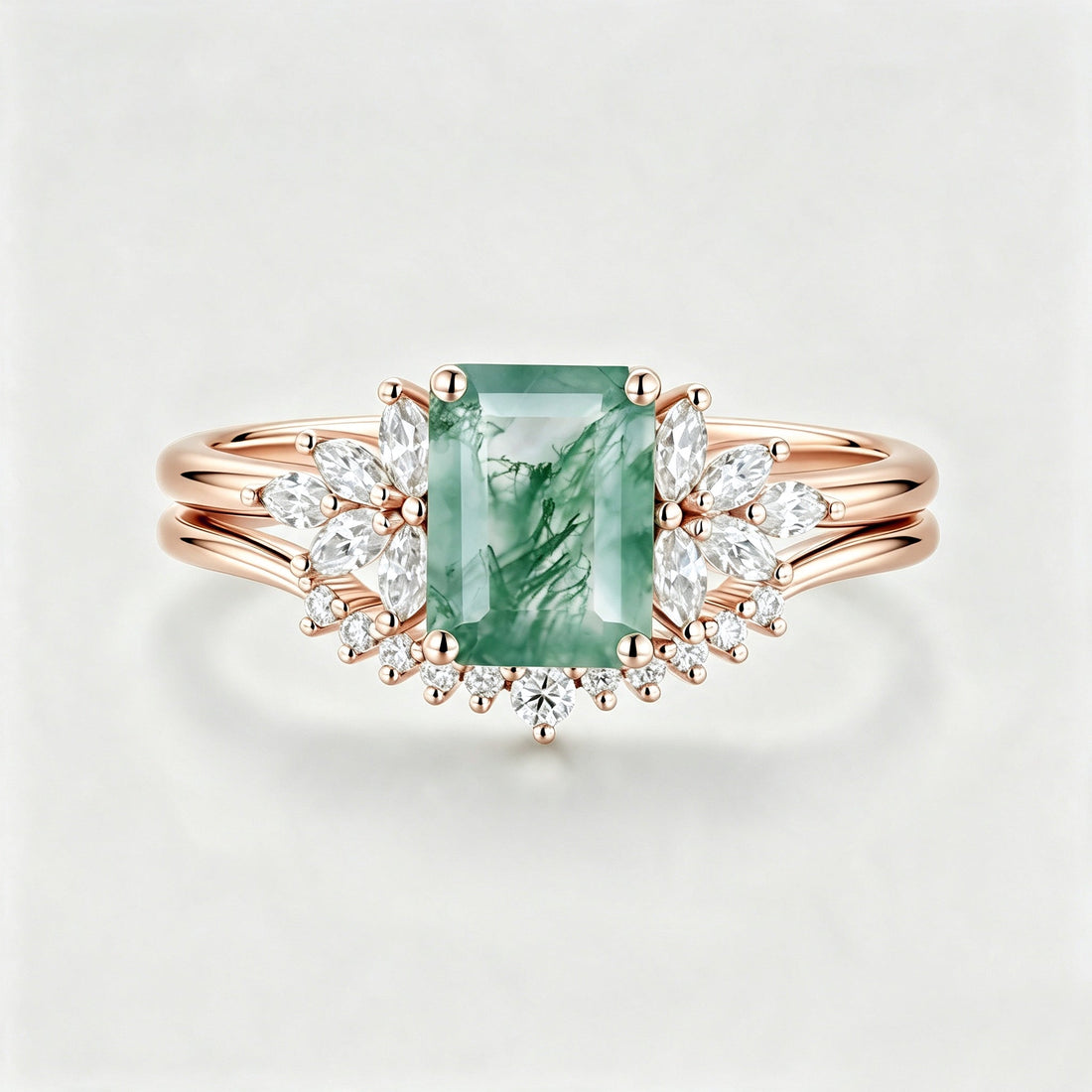Natural Green Moss Agate 2PCS Emerald cut Cluster Engagement ring Bridal Sets