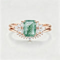 Natural Green Moss Agate 2PCS Emerald cut Cluster Engagement ring Bridal Sets