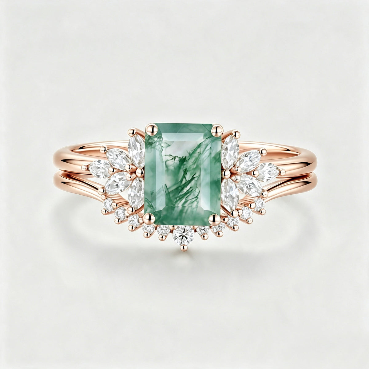 Natural Green Moss Agate 2PCS Emerald cut Cluster Engagement ring Bridal Sets