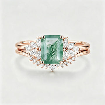 Natural Green Moss Agate 2PCS Emerald cut Cluster Engagement ring Bridal Sets