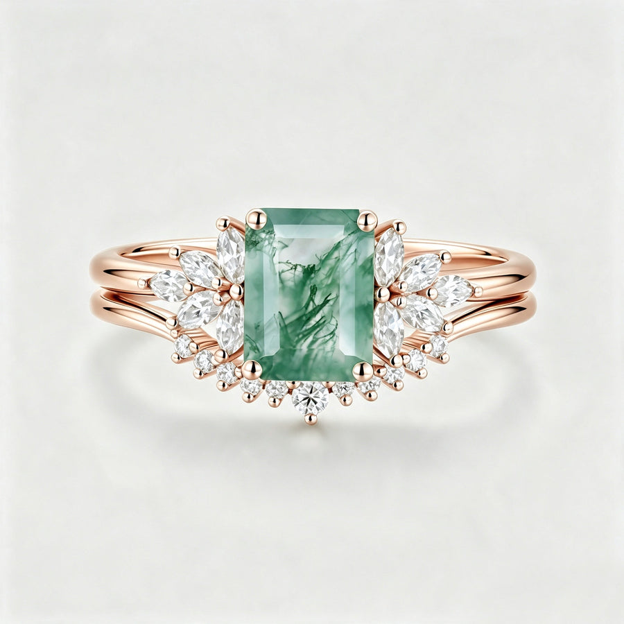 Natural Green Moss Agate 2PCS Emerald cut Cluster Engagement ring Bridal Sets