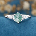 Natural Green Moss Agate Oval cut cluster Engagement Ring