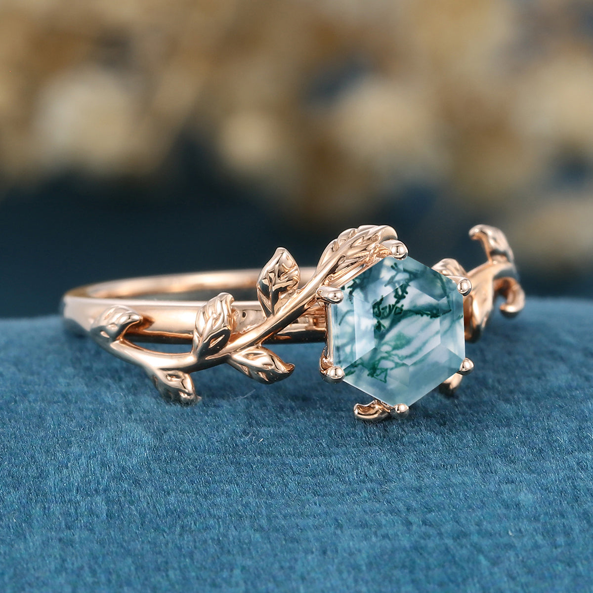 Nature Inspired Hexagon cut Moss Agate Matching Mossanite | Diamonds Gold Engagement Ring