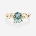 Nature Inspired Oval cut Moss Agate Leaf Gold Engagement Ring