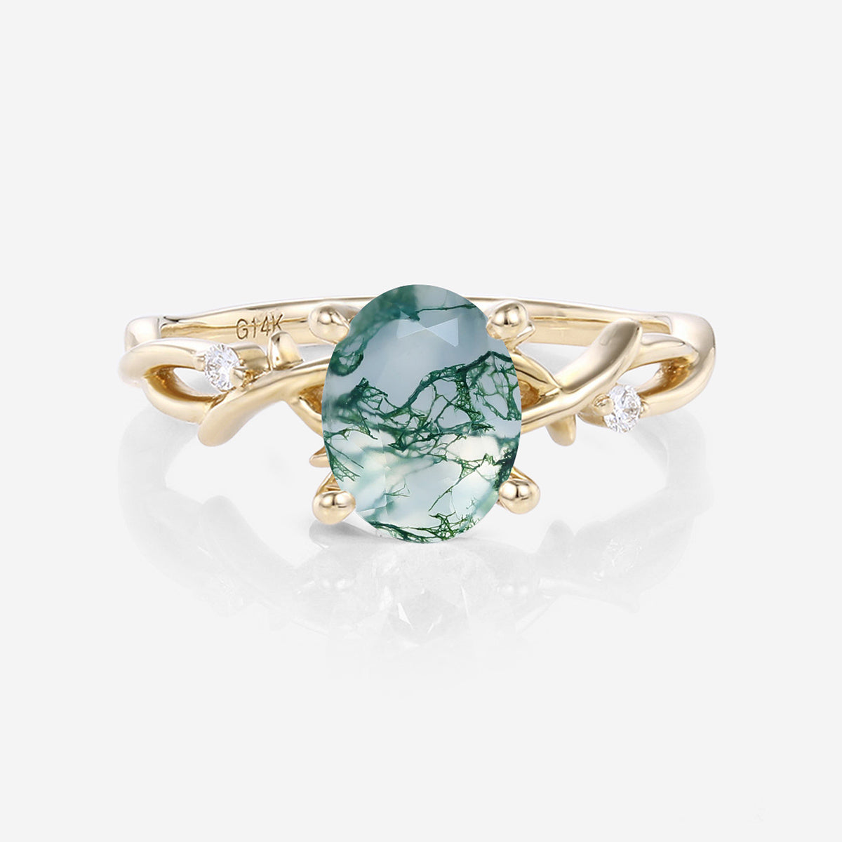 Nature Inspired Oval cut Moss Agate Leaf Gold Engagement Ring