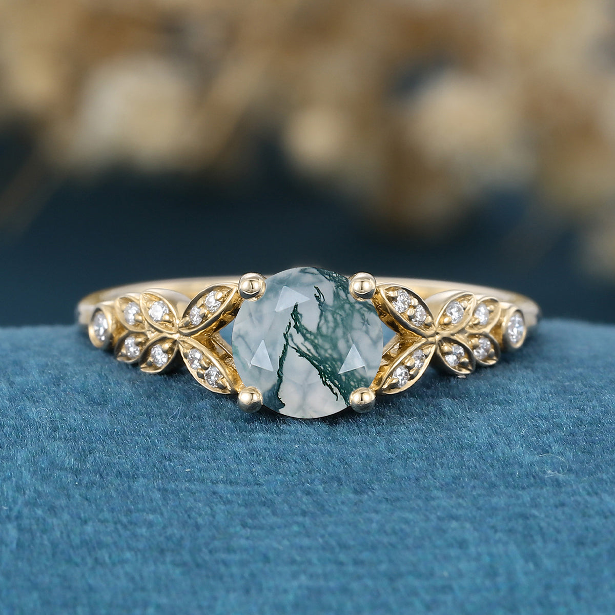 Round cut Moss Agate Matching Mossanite | Diamonds Gold Engagement Ring