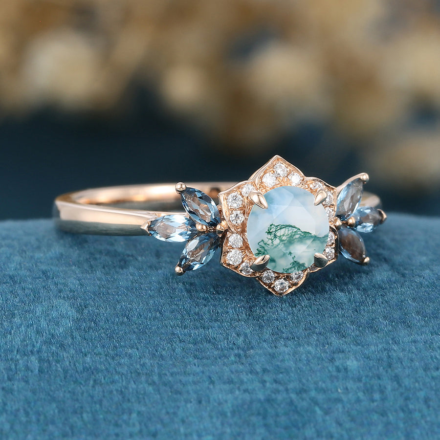 Round cut Moss Agate Matching London blue Topaz | Diamonds Gold Engagement Ring