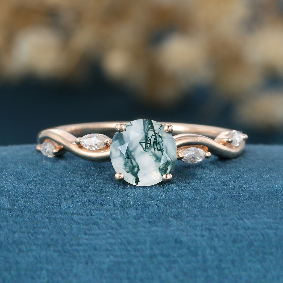 Round cut Moss Agate Matching Mossanite | Diamonds Gold Engagement Ring