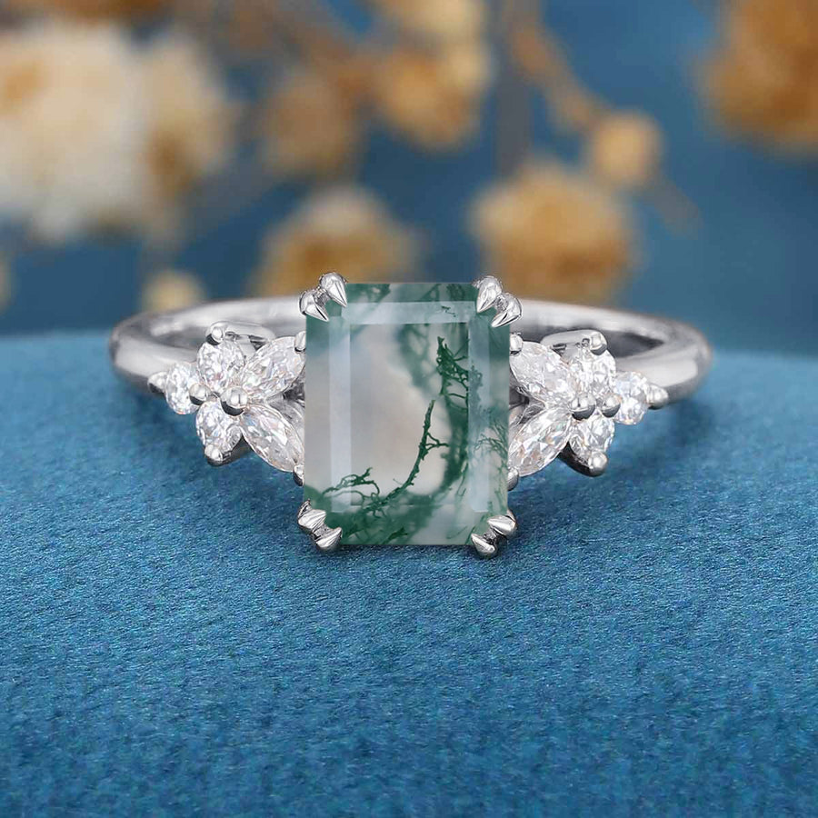 Natural Green Moss Agate Emerald cut cluster Engagement Ring