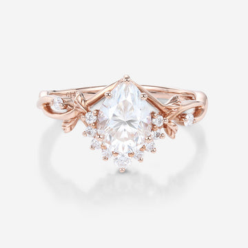 Nature Inspired Pear cut Moissanite Leaf Gold Engagement Ring