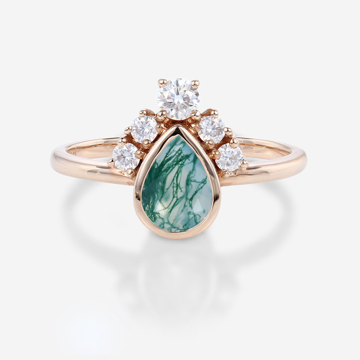 Bezel setting Pear cut Moss Agate Halo Moissanite | Diamonds Gold Engagement Ring