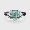 Natural Green Moss Agate 2PCS Emerald cut Cluster Engagement ring Bridal Sets