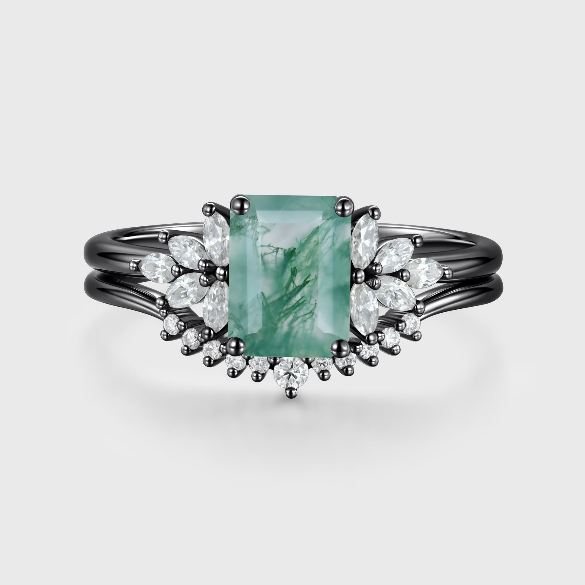 Natural Green Moss Agate 2PCS Emerald cut Cluster Engagement ring Bridal Sets