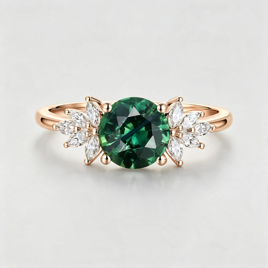 Round cut Green Moissanite Cluster Engagement Ring
