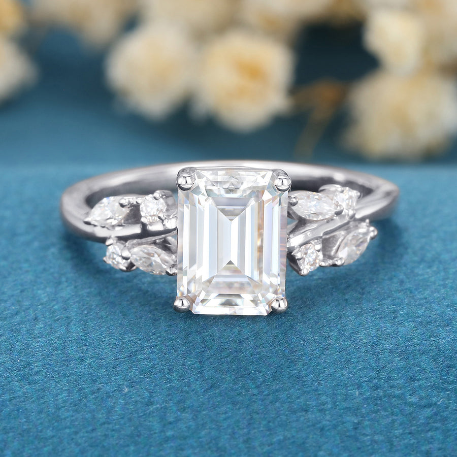 1.7Carat Emerald cut Moissanite Engagement ring Bridal Set