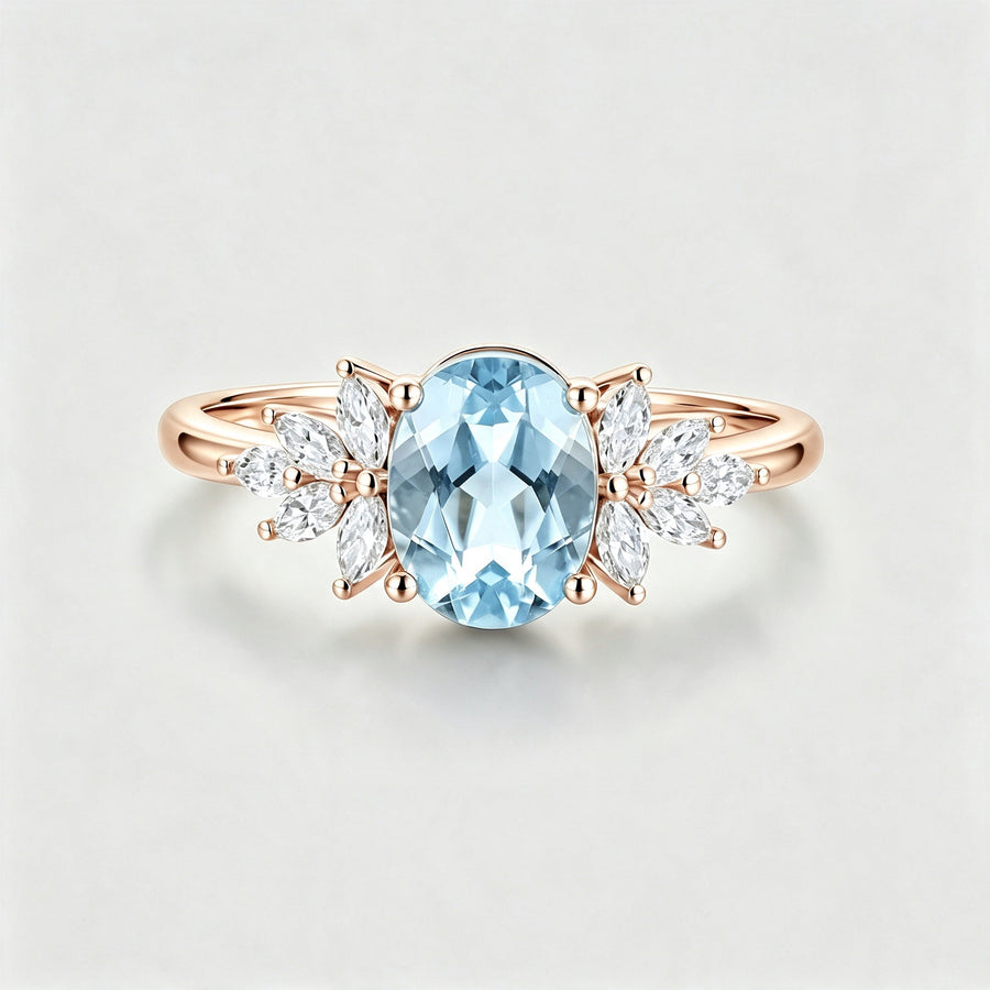 Oval cut Aquamarine Cluster Engagement ring