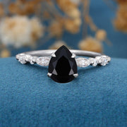 Pear cut Black Onyx Cluster Engagement Ring