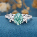 Oval Cut Natural Green Moss Agate Cluster Engagement Ring