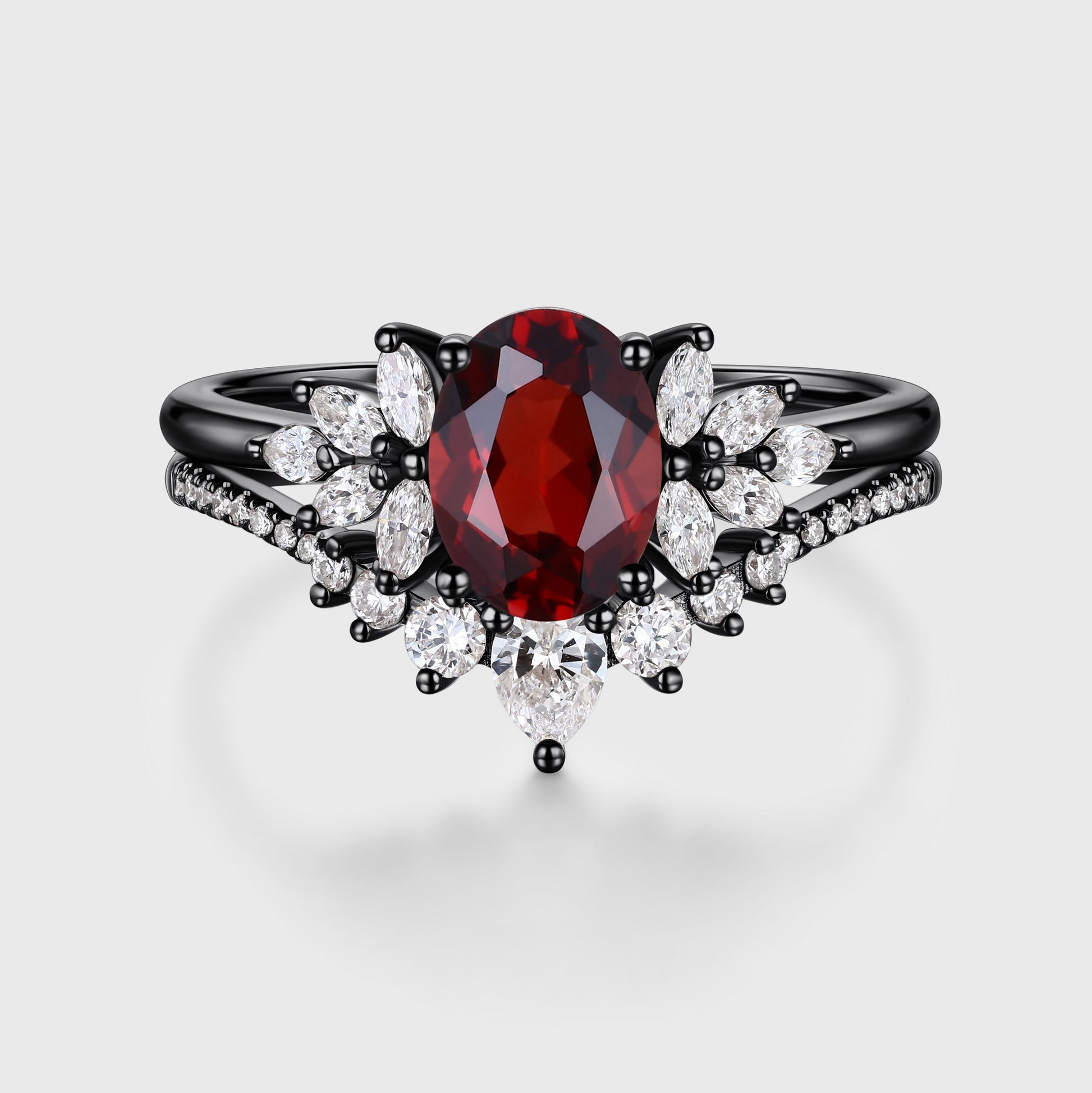 Vintage Oval cut Garnet Cluster Engagement ring Bridal Set