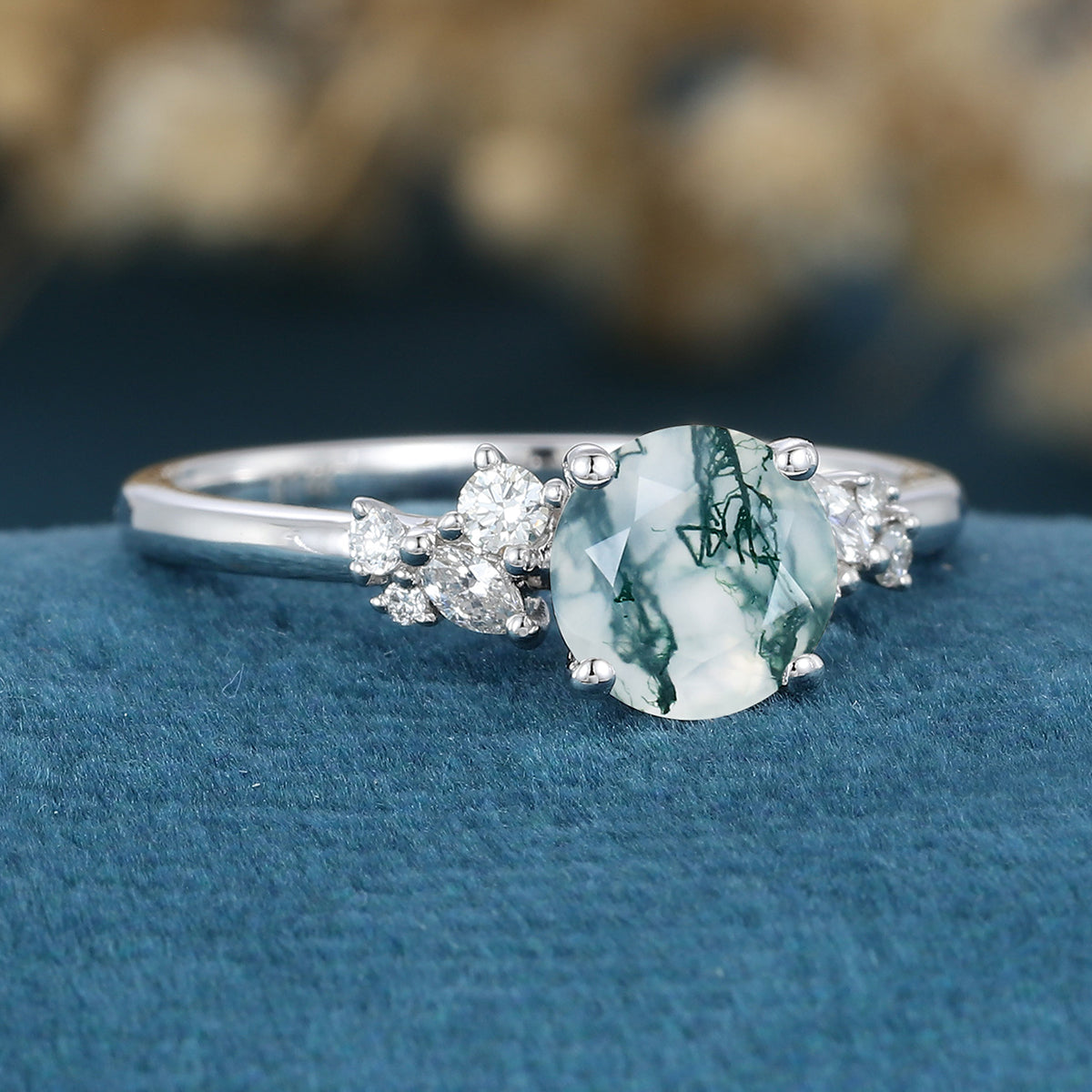 Round cut Moss Agate Matching Mossanite | Diamonds Gold Engagement Ring