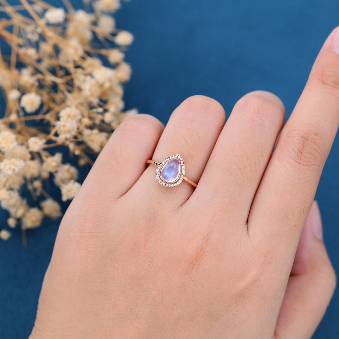 Bezel setting Pear cut Moonstone Halo Moissantie| Diamonds Gold Engagement Ring