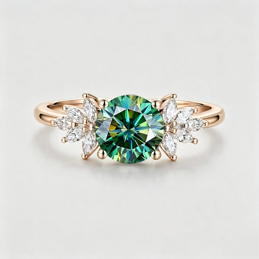 Round cut Green Moissanite Cluster Engagement Ring