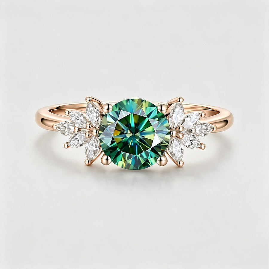 Round cut Green Moissanite Cluster Engagement Ring
