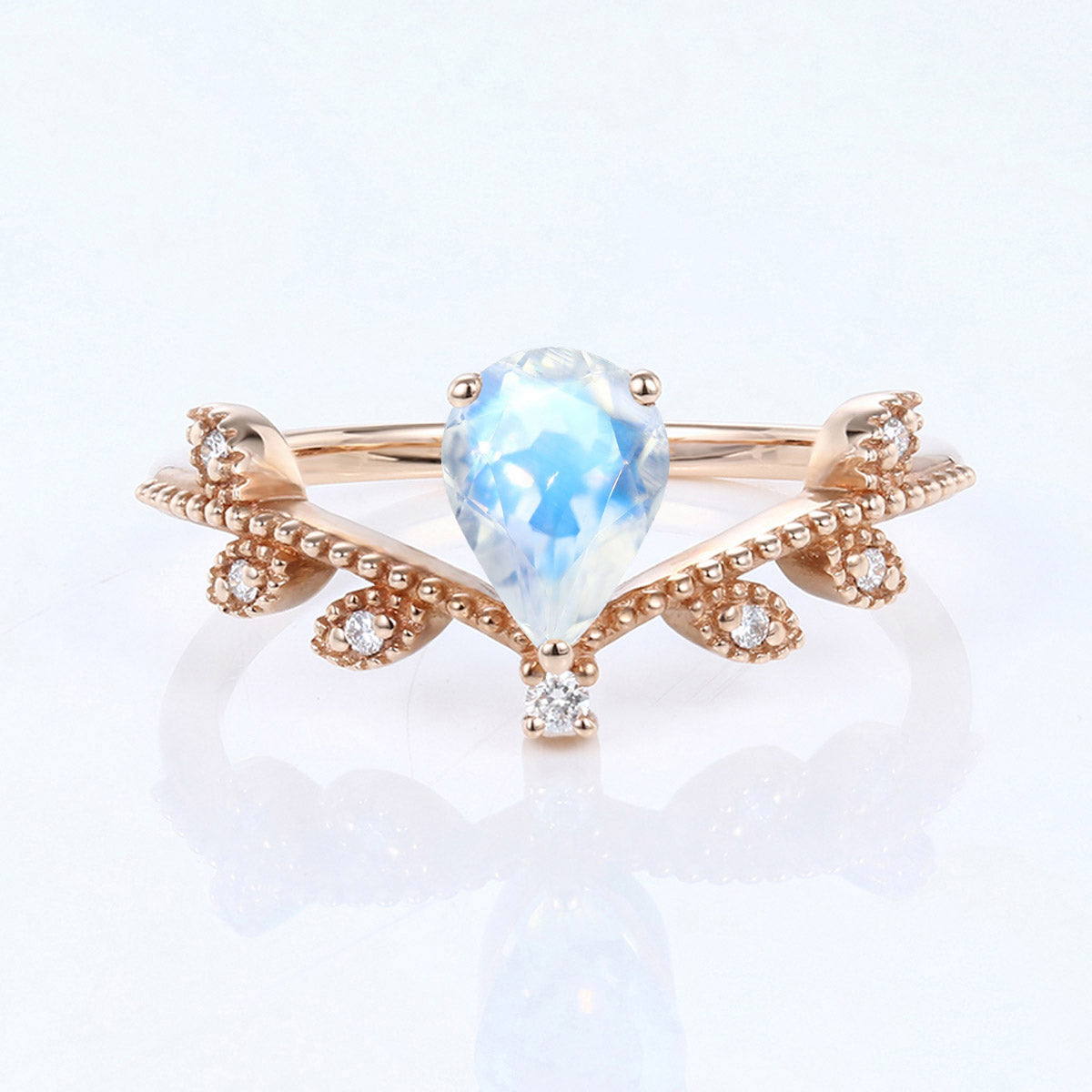 Nature Inspired Pear cut Moonstone Leaf Gold Engagement Ring