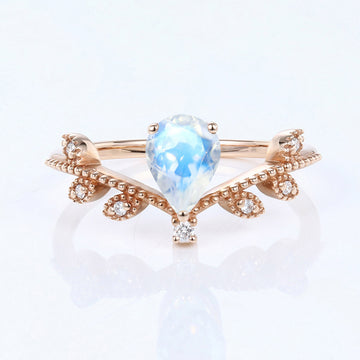 Nature Inspired Pear cut Moonstone Leaf Gold Engagement Ring