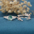 Nature Inspired Oval cut Moss Agate Leaf Gold Ring set