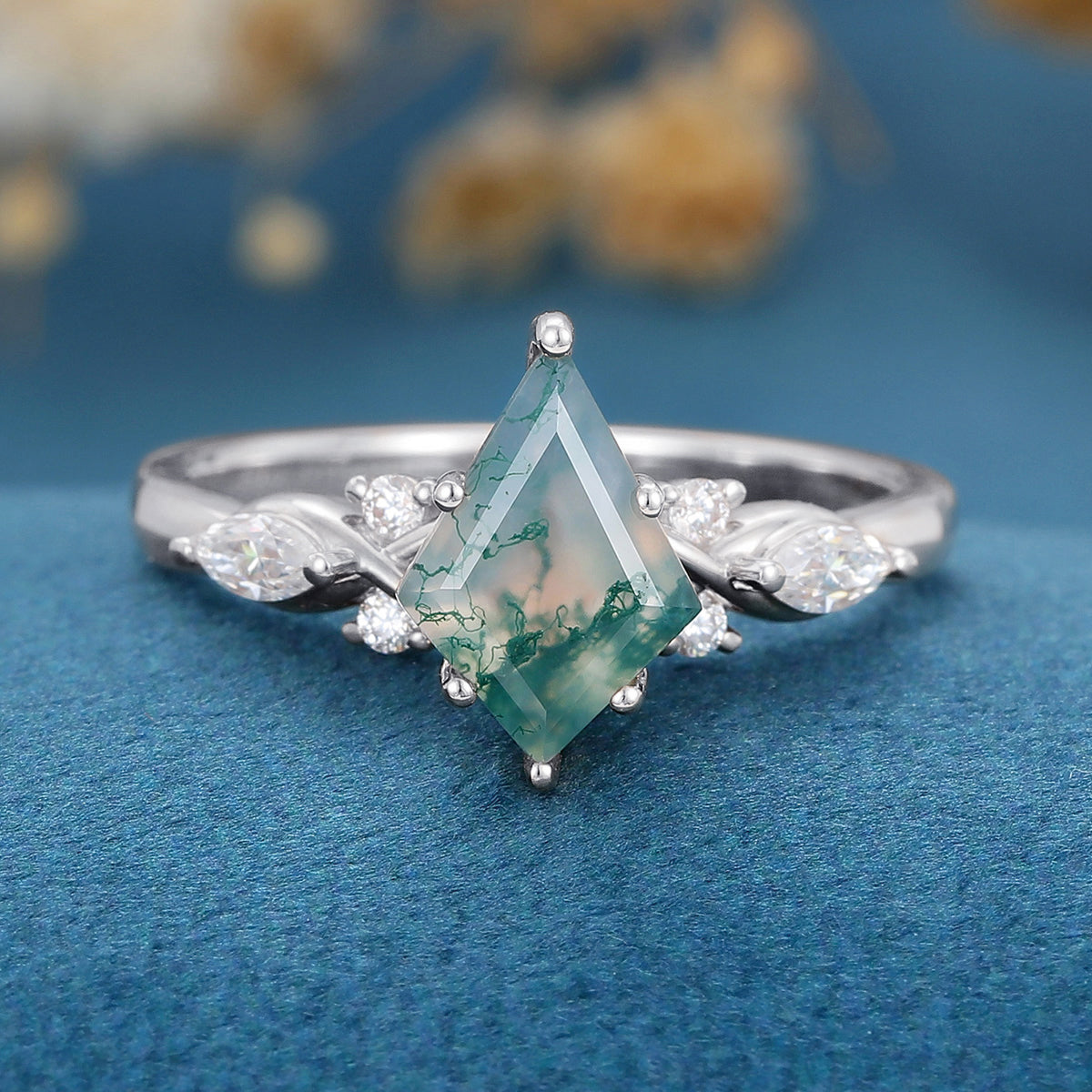 Kite Cut Natural Green Moss Agate Cluster Engagement Ring