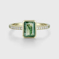 Bezel setting Emerald cut Moss Agate Half Eternity  Moissanite | Diamond Gold Engagement Ring