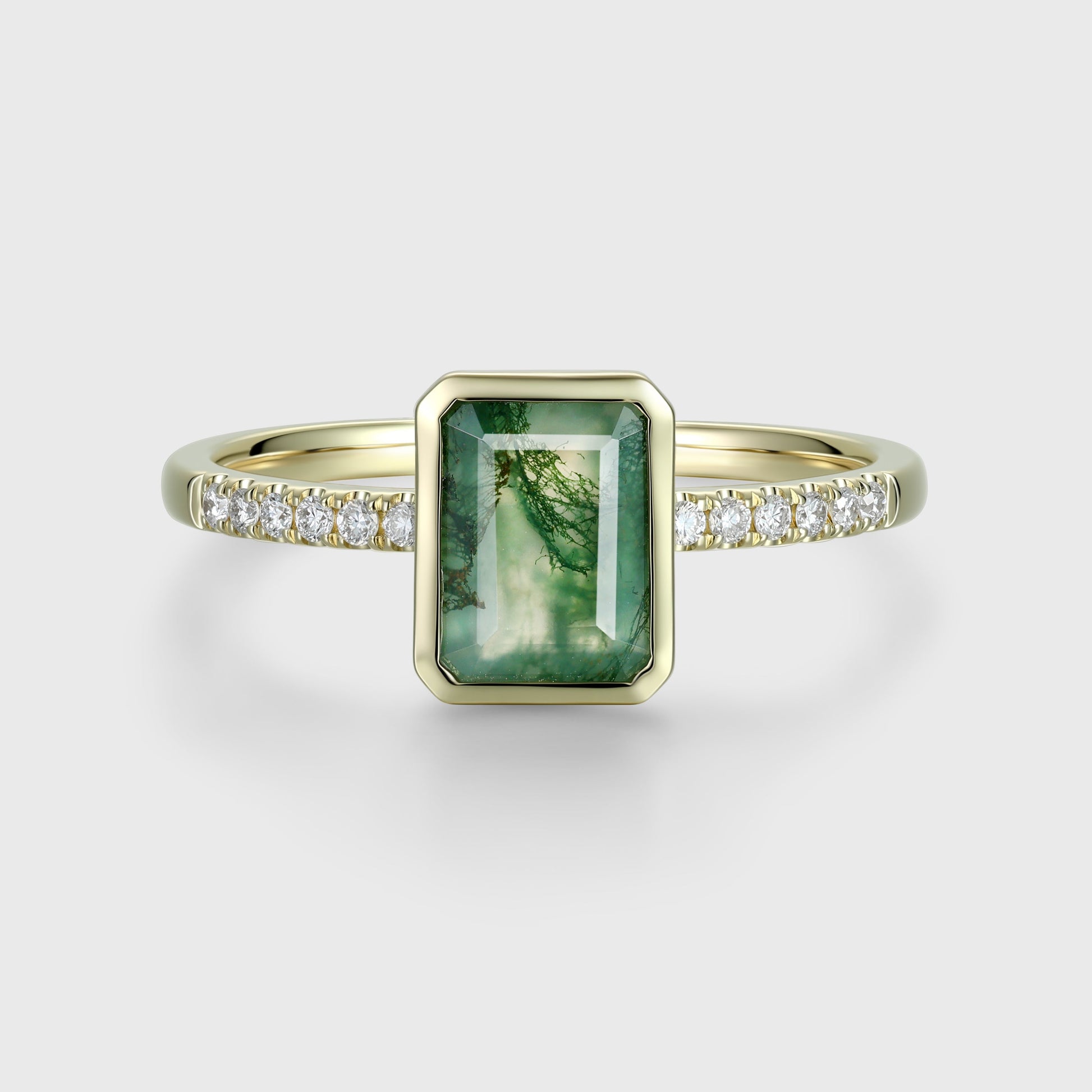 Bezel setting Emerald cut Moss Agate Half Eternity  Moissanite | Diamond Gold Engagement Ring