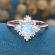 Round cut Moonstone  Halo Baguette Engagement Ring