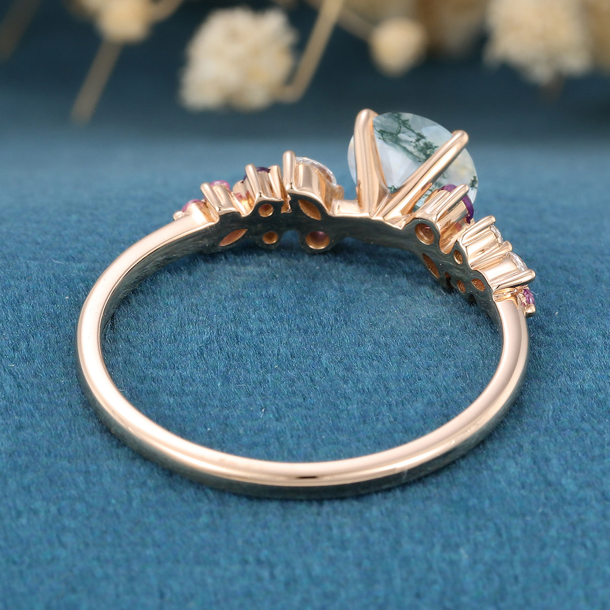 Round cut Moss Agate Leaf Gold Engagement Ring