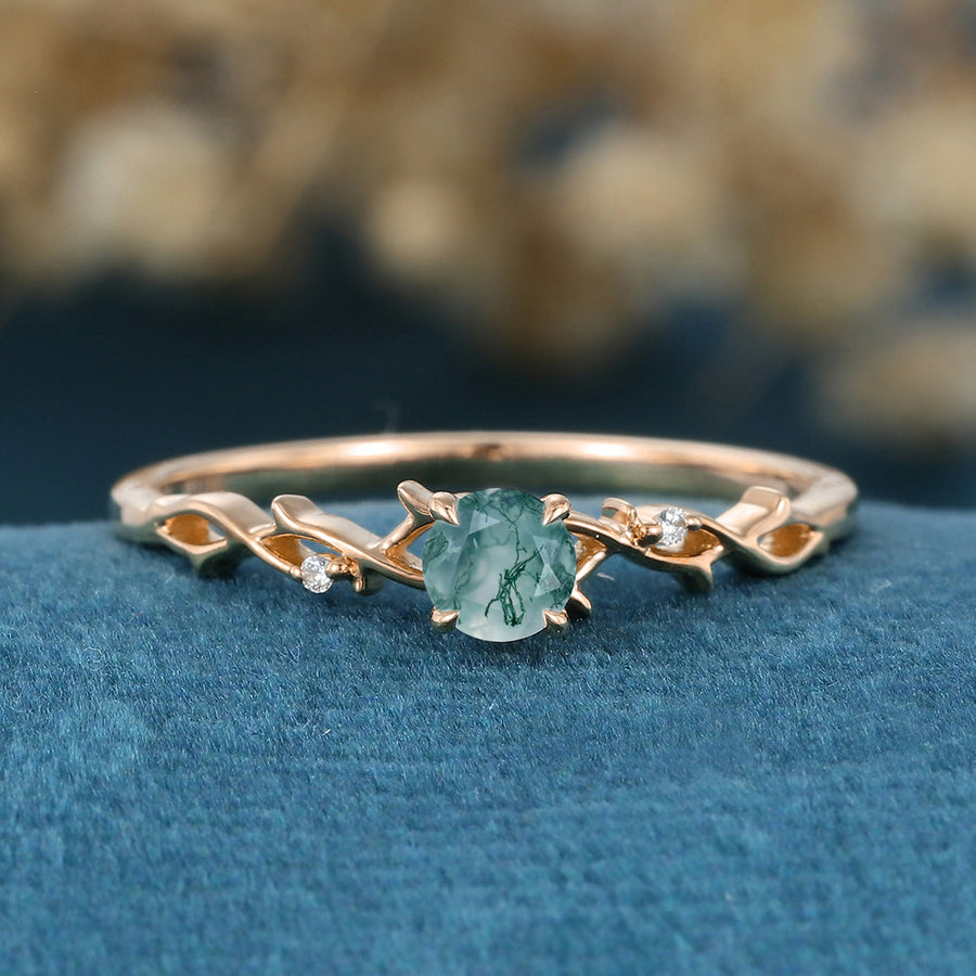 Nature Inspired Round cut Moss Agate Matching Mossanite | Diamonds twig Engagement Ring