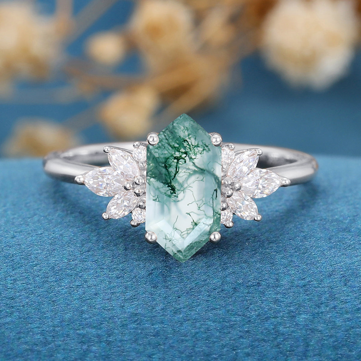 Long Hexagon Cut Natural Green Moss Agate Cluster Engagement Ring