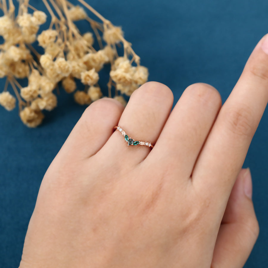 Pear cut Moss agate + Lab emeralds Curved Wedding Band Ring