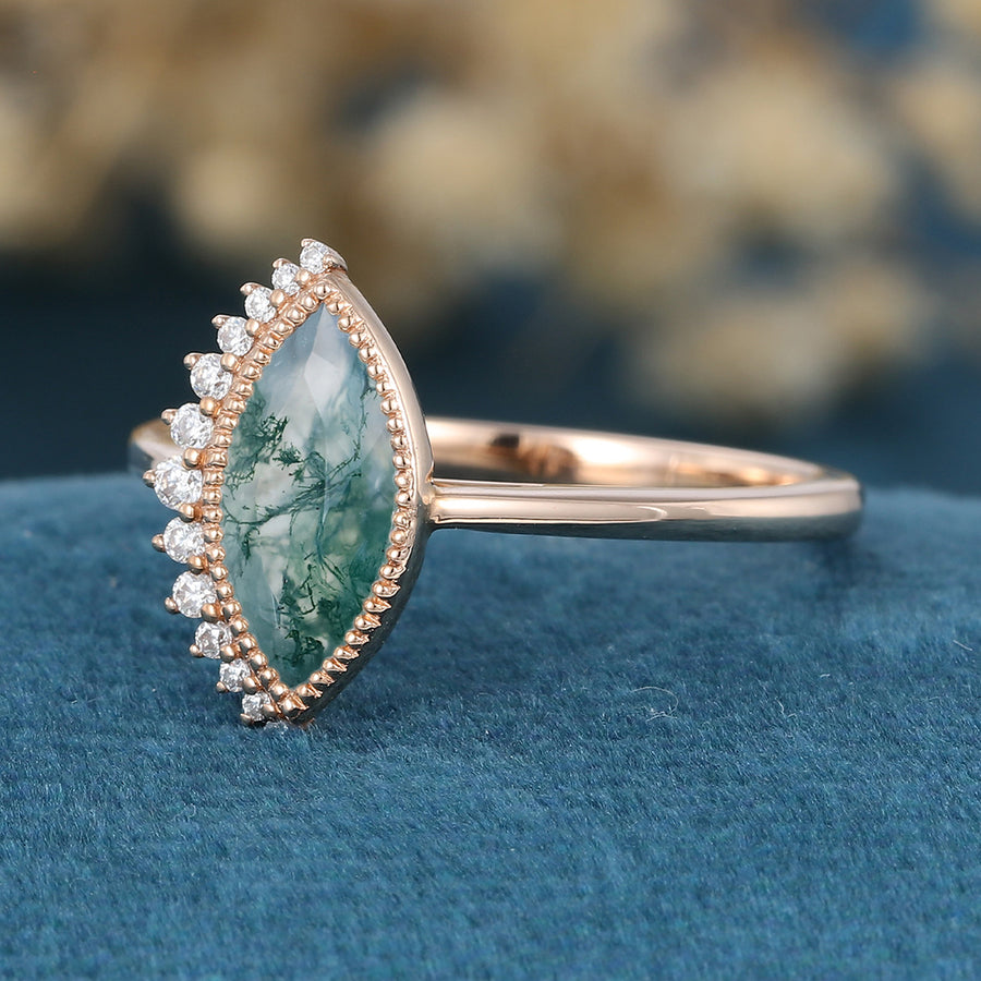 Marquise cut Moss Agate Matching London blue Topaz Gold Engagement Ring