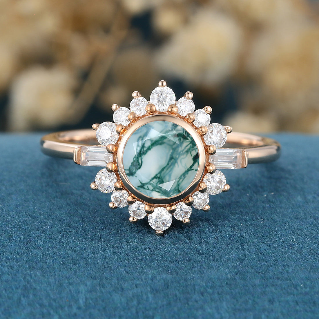 Bezel setting Round cut Moss Agate Halo Gold Engagement Ring