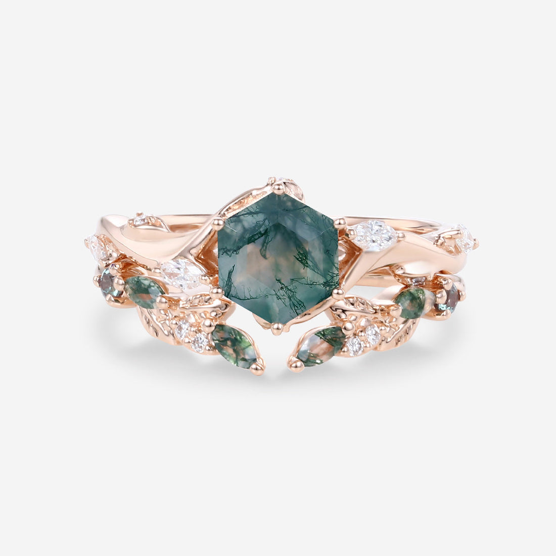 Nature Inspired Hexagon Cut Moss Agate Engagement Ring set
